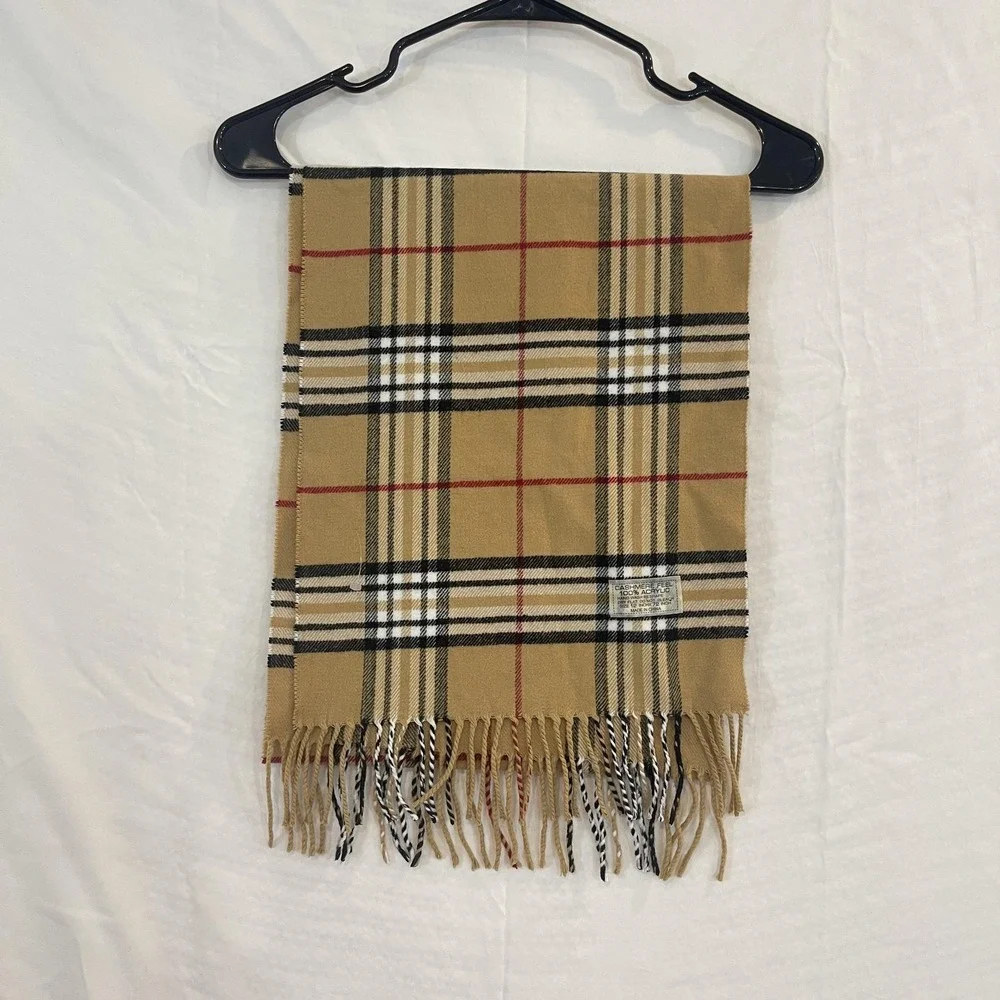 Plaid Scarf‎ Womens 12x72 Tan Camel Black Fringe Cashmere Feel Acrylic Check